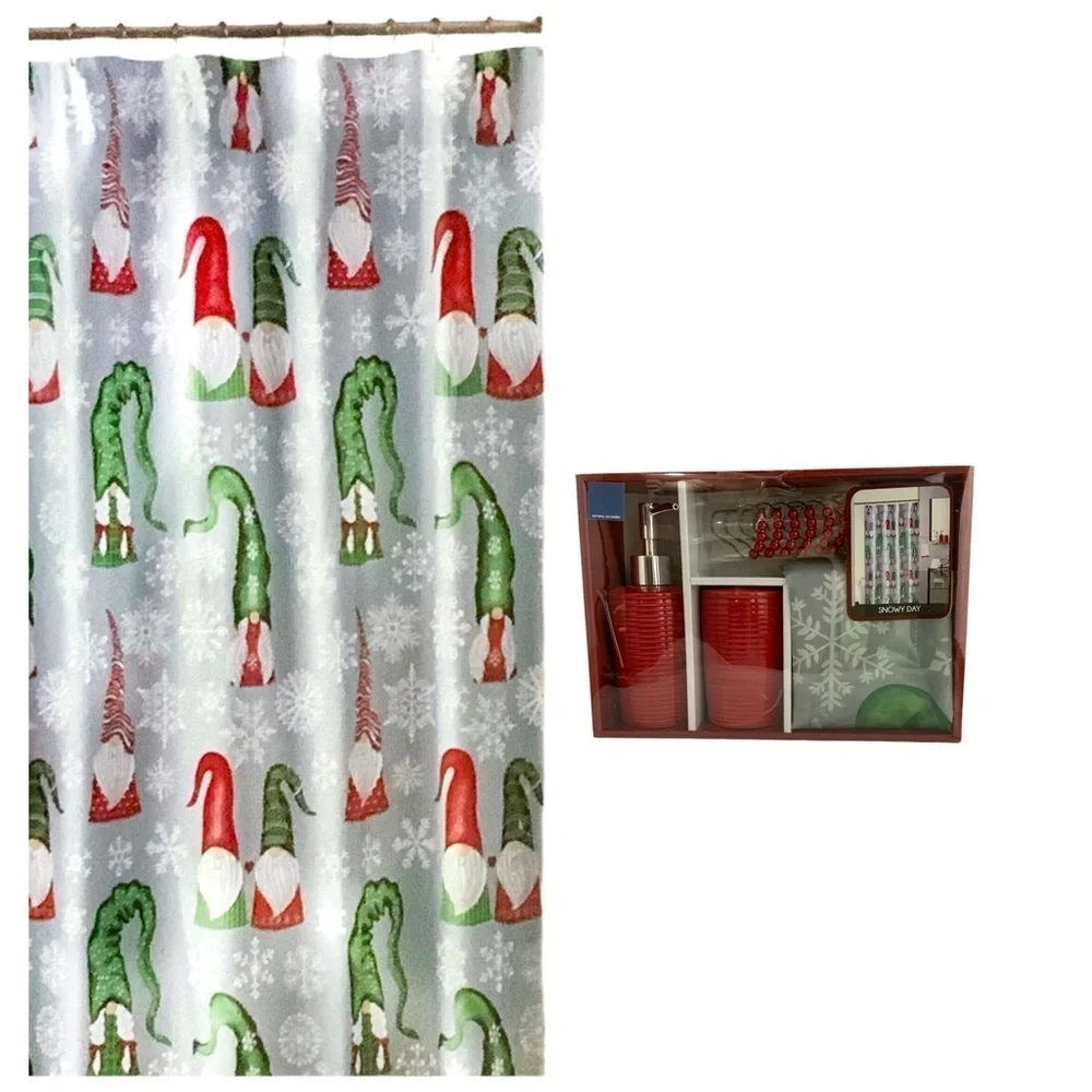 Christmas Bathroom Set Santa Gnomes Curtain Accessories 15 Piece Grey Multicolor